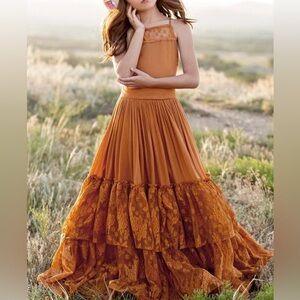Boho Princess Girls Lace Ruffle Maxi Dress Long Rust Orange Brown Sz 14